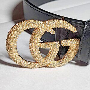 Gucci GG Marmont Black Leather Crystal Belt 90/36